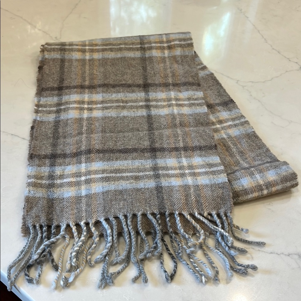 Johnstons of Elgin Wool Scarf in Pale Blue and Brown Plaid